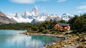 Paesaggio della Patagonia argentina con montagne innevate e un lago, con in lontananza una moderna casa vacanze.