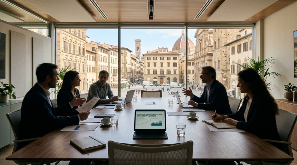 Una moderna sala riunioni con un tavolo di conferenza, dove figure indistinte partecipano a un dialogo. L'ambiente suggerisce un incontro istituzionale per discutere le politiche del turismo.