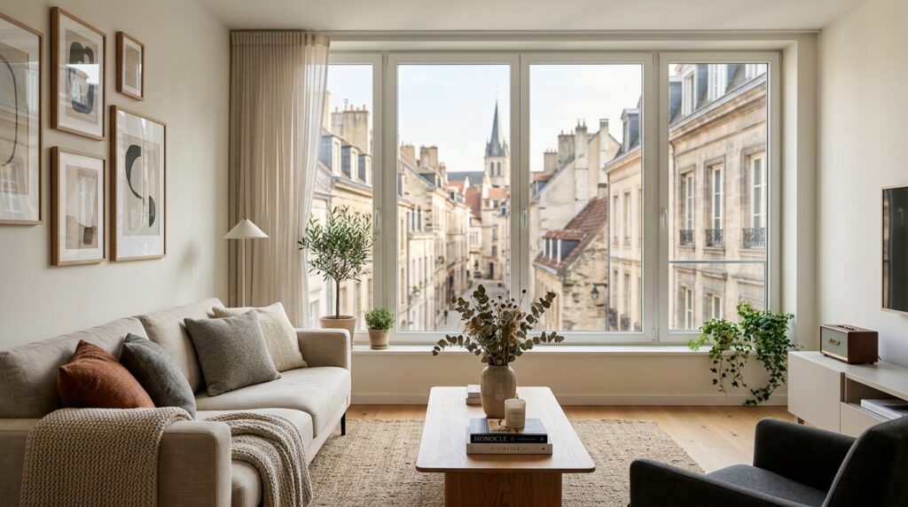 Interno moderno di un appartamento per affitti brevi con mobili contemporanei e vista sfocata su una città europea. (Immagine generata con IA)