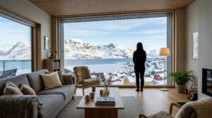 Interno di un moderno appartamento di lusso a Nuuk, Groenlandia, con ampie finestre che mostrano un paesaggio artico di montagne innevate e un fiordo.
