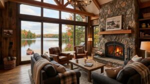 Interno di un lussuoso cottage in legno con vista sul lago, arredi moderni e caminetto acceso. (Immagine generata con IA)