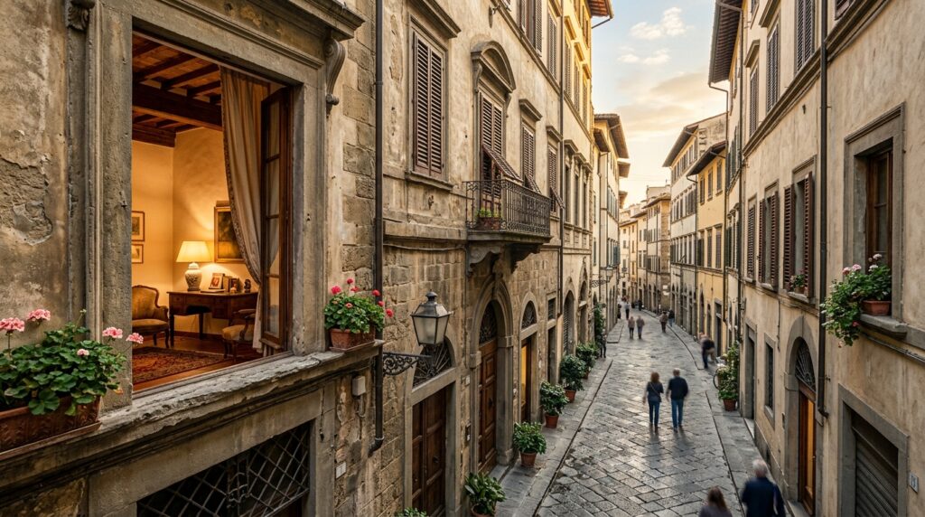 Scorcio di una strada storica a Firenze con edifici antichi e un interno di un appartamento, simbolo del dibattito sugli affitti brevi. (Immagine generata con IA)
