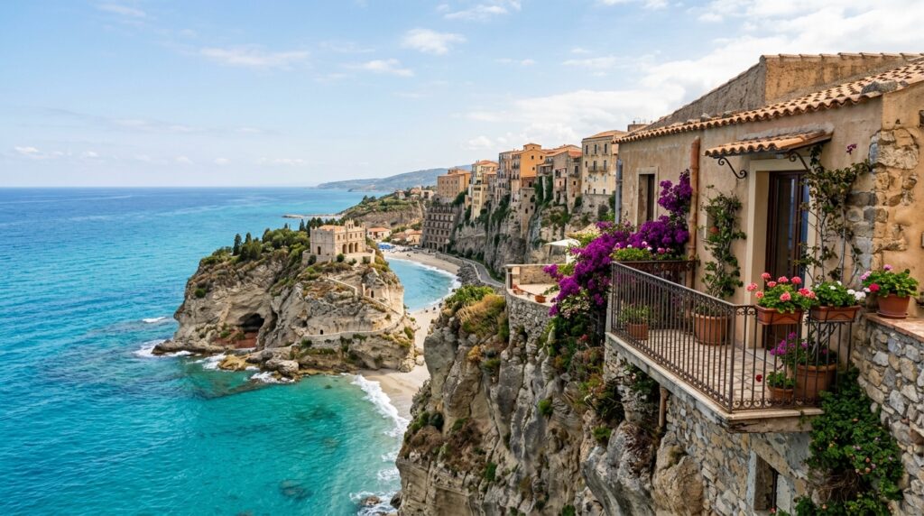 Vista panoramica di Tropea, con le sue case arroccate sulla scogliera a picco sul mare cristallino, e un balcone di una casa vacanze in primo piano.