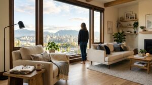 Un accogliente salotto di una casa vacanze con un'ampia finestra, una poltrona e la silhouette di una persona che osserva il panorama.