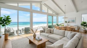 Interno moderno e luminoso di una casa vacanze con grandi finestre che si affacciano su una spiaggia di sabbia bianca e il mare turchese.
