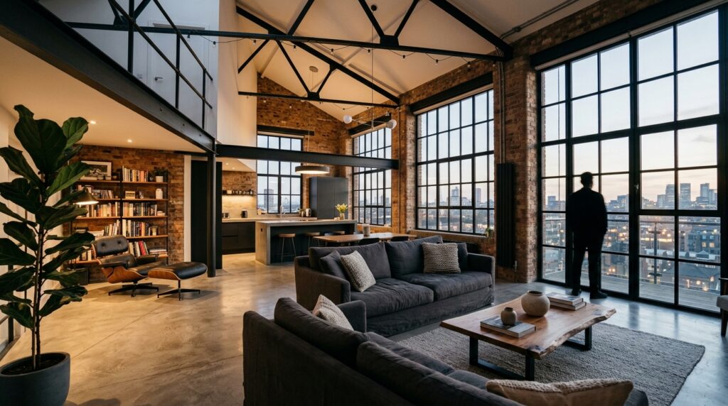 Interno moderno di un appartamento ricavato da un edificio industriale convertito, con ampie finestre e arredi contemporanei.