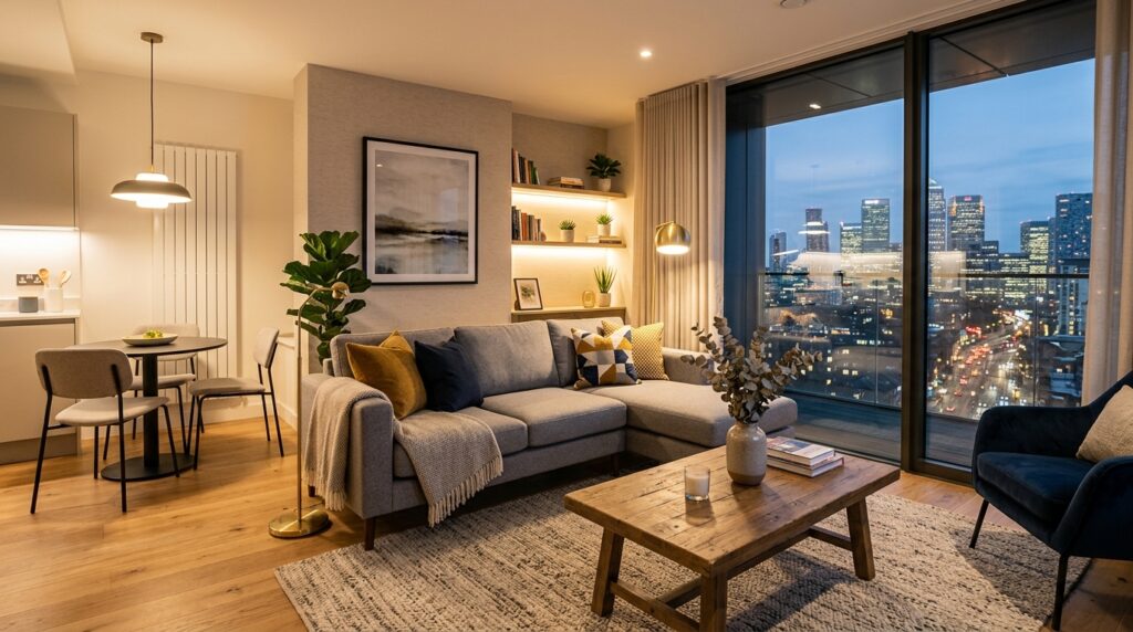 Interno di un moderno appartamento in affitto breve con arredi contemporanei e vista sulla città. (Immagine generata con IA)