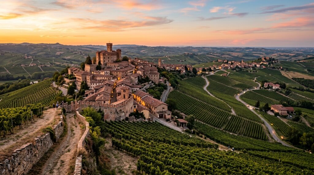 Panorama di un borgo storico nelle Langhe, Italia, con vigneti rigogliosi che si estendono verso l'orizzonte al tramonto.
