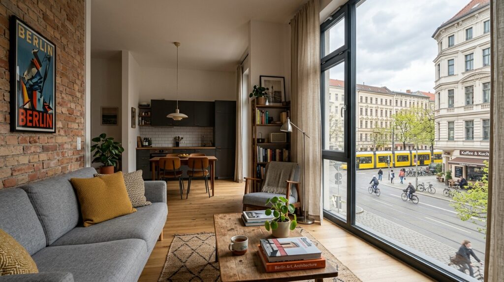 Interno moderno e accogliente di un appartamento per affitti brevi a Berlino, con grandi finestre sulla città. (Immagine generata con IA)