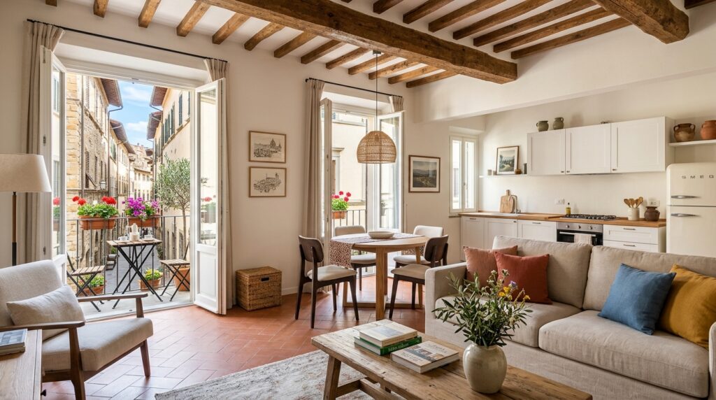 Interno di un moderno appartamento adibito a casa vacanze in Italia, con arredi luminosi e un tocco di design.