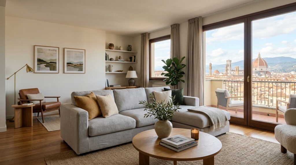 Interno elegante di un appartamento per affitti brevi con vista sulla città. (Immagine generata con IA)