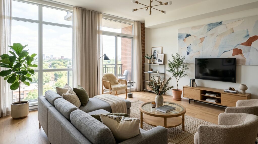 Interno di un moderno appartamento adibito ad affitto breve con arredamento contemporaneo. (Immagine generata con IA)