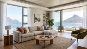 Interno di un moderno appartamento adibito a casa vacanza con arredi eleganti e luce naturale. (Immagine generata con IA)