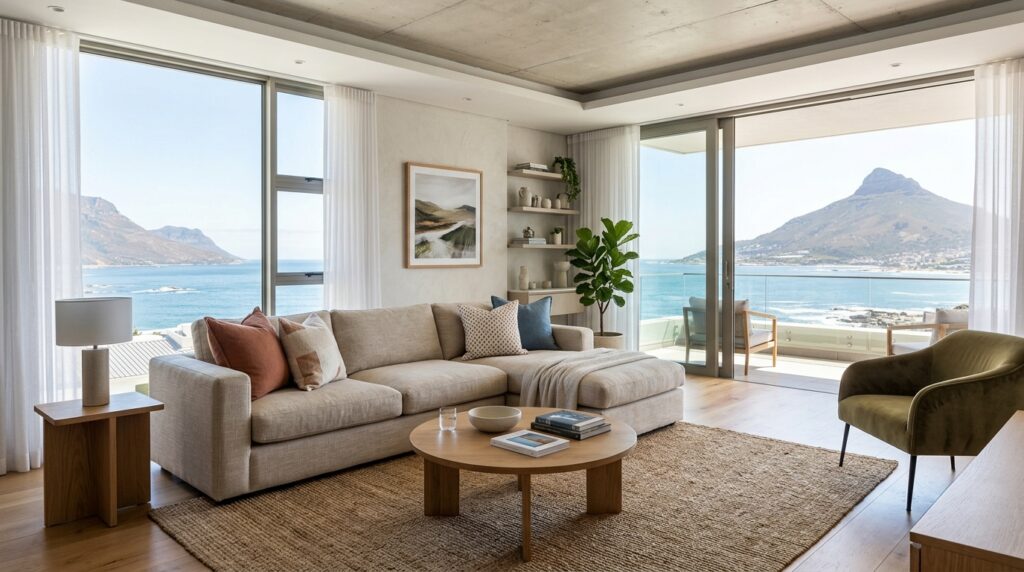 Interno di un moderno appartamento adibito a casa vacanza con arredi eleganti e luce naturale. (Immagine generata con IA)