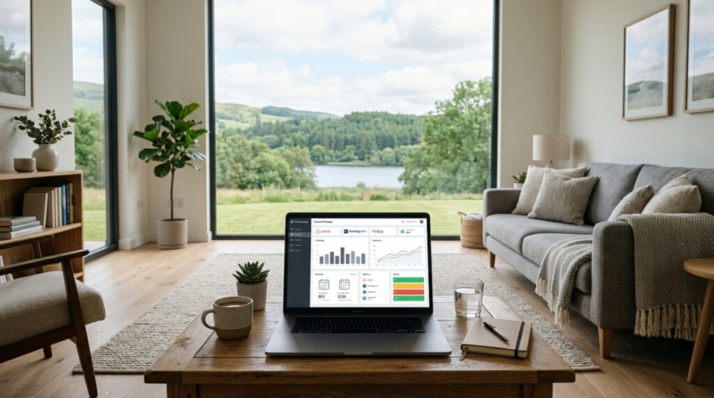 Un moderno soggiorno di una casa vacanze con un laptop su un tavolino che mostra un software di gestione, simbolo della facilità di utilizzo di un channel manager. (Immagine generata con IA)