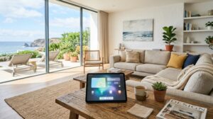 Interno di un moderno soggiorno di casa vacanze con un tablet su un tavolino che mostra una schermata di prenotazione. (Immagine generata con IA)