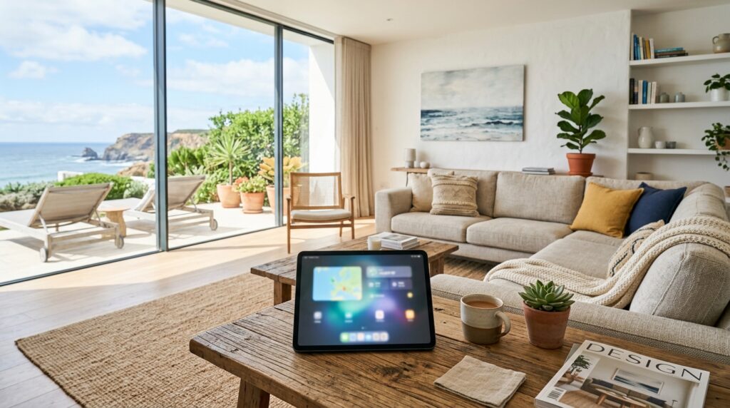 Interno di un moderno soggiorno di casa vacanze con un tablet su un tavolino che mostra una schermata di prenotazione. (Immagine generata con IA)