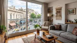 Interno di un moderno appartamento in affitto a breve termine con vista sulla città di Buenos Aires. (Immagine generata con IA)