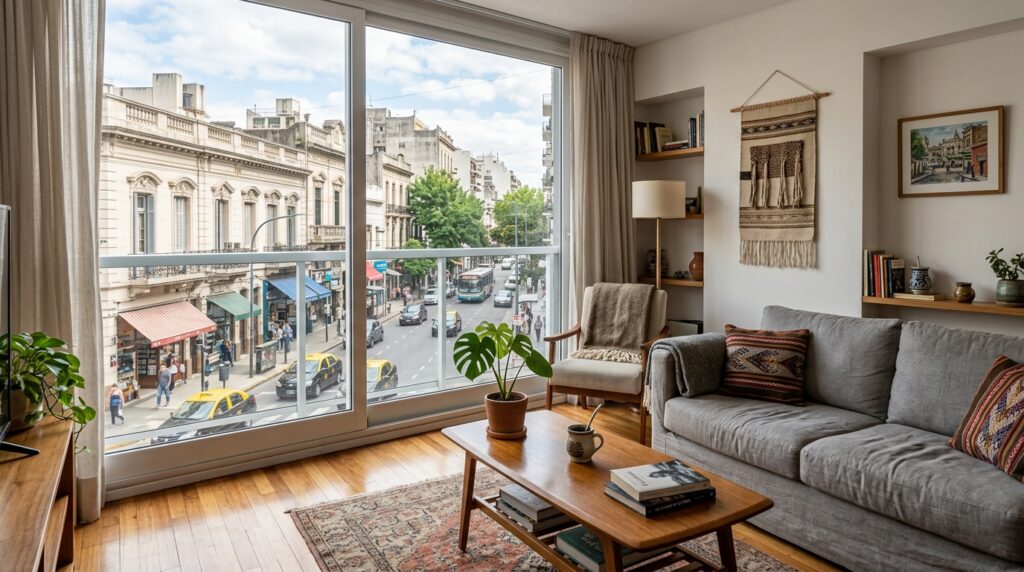 Interno di un moderno appartamento in affitto a breve termine con vista sulla città di Buenos Aires. (Immagine generata con IA)