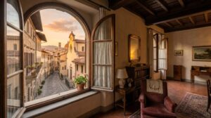 Interno di un appartamento per affitti brevi a Firenze con vista su una strada storica. (Immagine generata con IA)