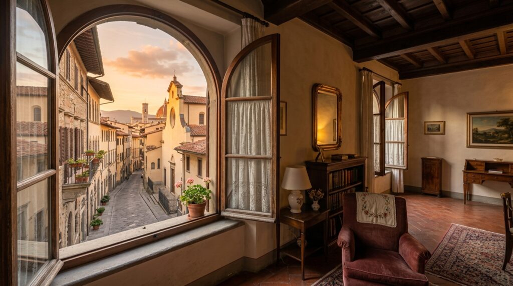 Interno di un appartamento per affitti brevi a Firenze con vista su una strada storica. (Immagine generata con IA)