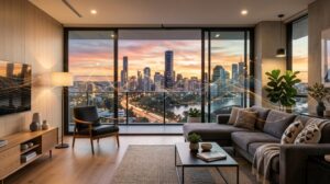 Interno di un moderno salotto di casa vacanze con vista sulla città al tramonto, con elementi stilistici che suggeriscono innovazione e crescita. (Immagine generata con IA)