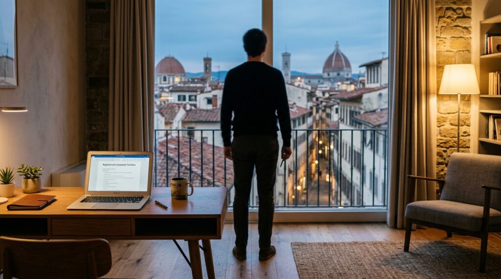Interno moderno di un appartamento per affitti brevi con dettagli che richiamano la burocrazia