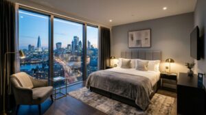 Interno di una moderna camera d'hotel con vista su uno skyline urbano al tramonto, arredamento minimale e illuminazione soffusa. (Immagine generata con IA)