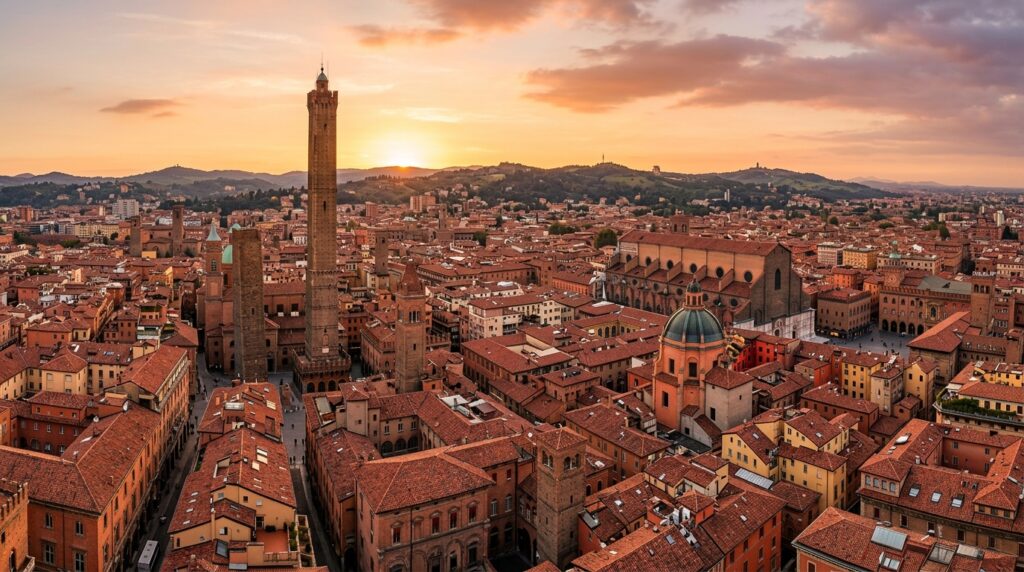 Panoramica dei tetti e delle torri del centro storico di Bologna al tramonto. (Immagine generata con IA)