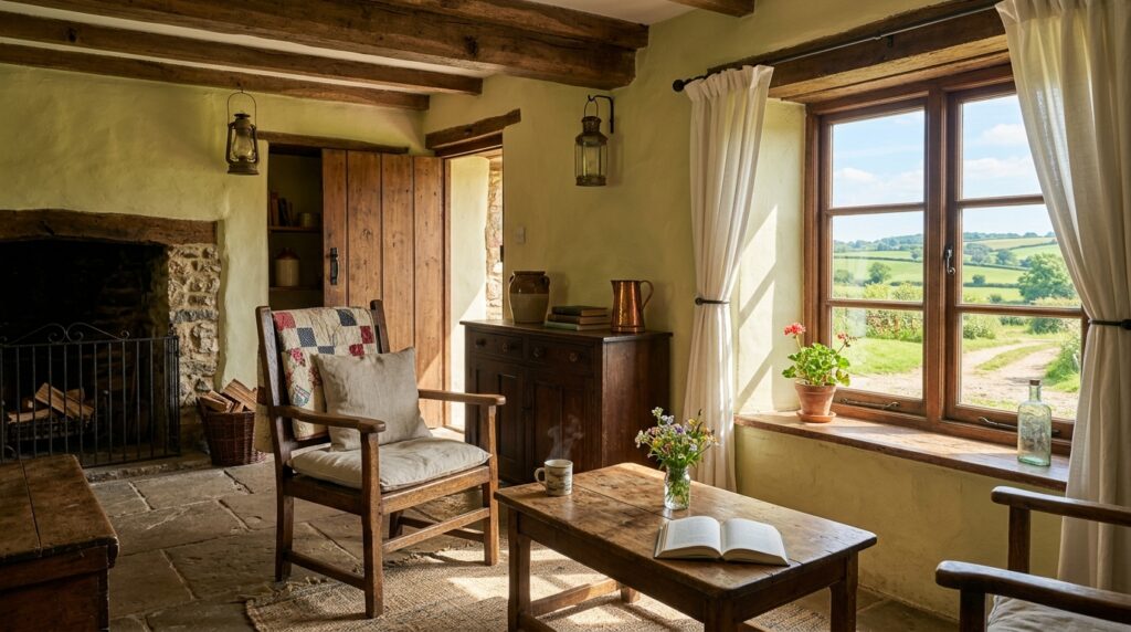 Interno accogliente di una casa colonica con mobili in legno e luce naturale, che richiama l'atmosfera dell'agriturismo.