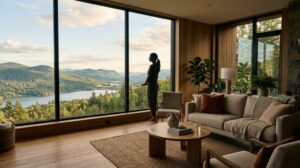 Un elegante soggiorno di una casa vacanze con una donna che guarda fuori dalla finestra, simboleggiando nuove opportunità nel settore turistico.