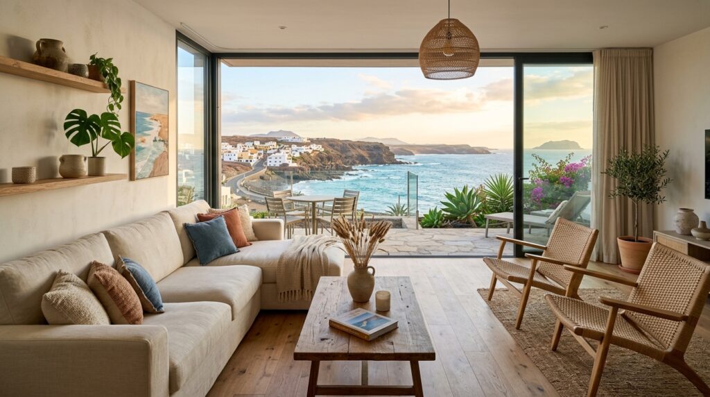 Soggiorno luminoso e moderno di una casa vacanze con vista panoramica sul mare delle Isole Canarie. (Immagine generata con IA)