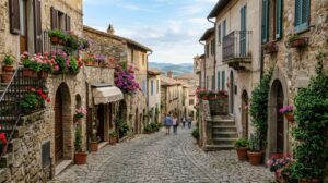 Una via acciottolata in un borgo storico italiano con edifici tradizionali e fiori, che mostra un'atmosfera meno affollata del solito.