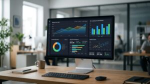 Schermata di un computer che mostra un pannello di controllo con grafici e dati analitici, rappresentando la gestione della tassa di soggiorno. (Immagine generata con IA)
