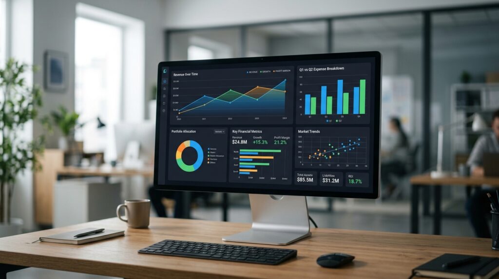 Schermata di un computer che mostra un pannello di controllo con grafici e dati analitici, rappresentando la gestione della tassa di soggiorno. (Immagine generata con IA)