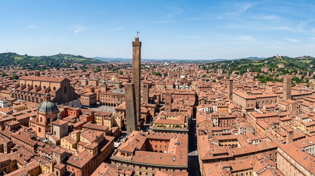 Vista panoramica di Bologna con i suoi tetti rossi e le torri storiche sotto un cielo sereno. (Immagine generata con IA)
