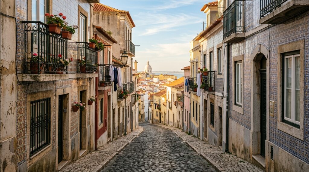 Vista di una pittoresca strada stretta nel centro storico di Lisbona, con edifici caratteristici e un'atmosfera urbana. (Immagine generata con IA)
