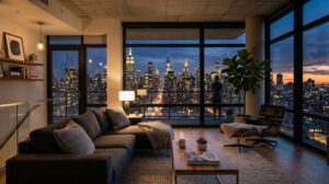 Interno di un appartamento moderno con vista su uno skyline urbano al tramonto. (Immagine generata con IA)
