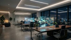 Interno di un ufficio moderno e minimalista con elementi tecnologici che rappresentano l'intelligenza artificiale e l'efficienza aziendale.