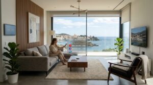 Interno moderno e luminoso di un soggiorno in una casa vacanze high-tech con un'interfaccia olografica che mostra opzioni di prenotazione di viaggio.