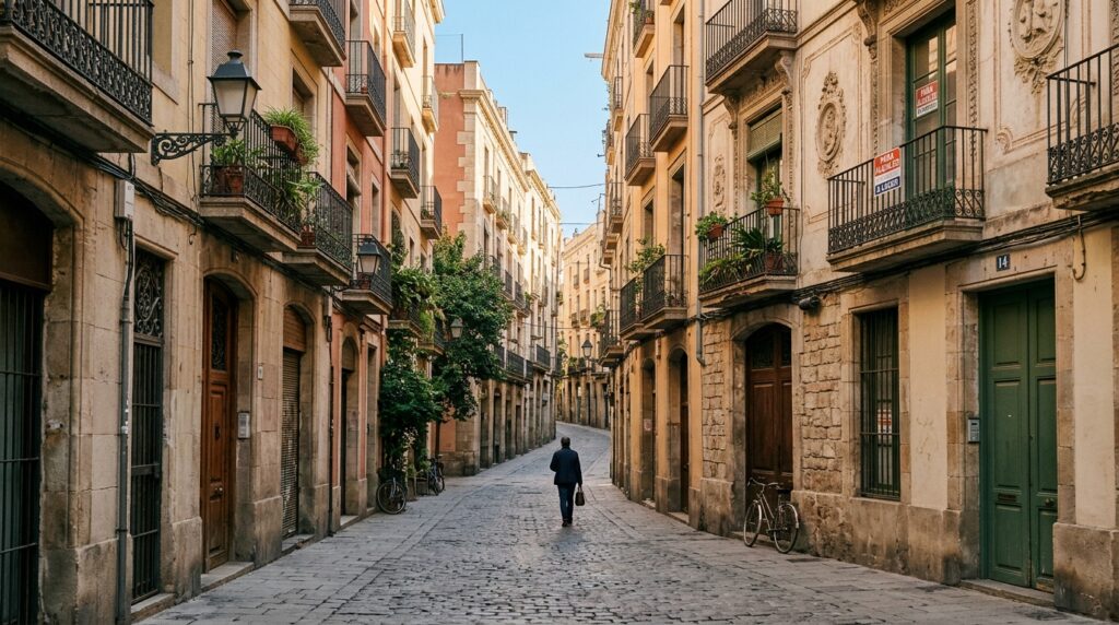 Scorcio di una via residenziale in una città europea con palazzi storici e balconi fioriti, al mattino.