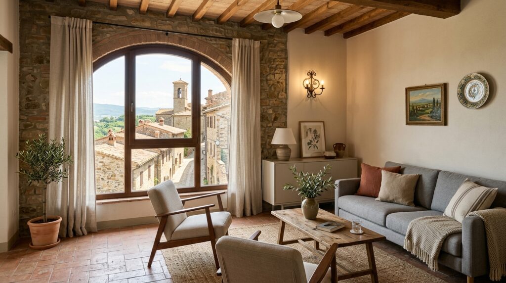 Interno di un moderno soggiorno di una casa vacanze italiana, con arredamento curato e una finestra che si affaccia su un borgo tradizionale.