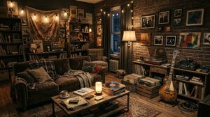Interno accogliente e leggermente retrò di un appartamento, con elementi che richiamano lo stile grunge e vintage, come una chitarra o dischi in vinile.
