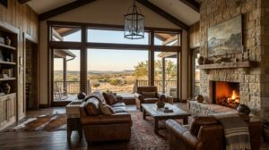 Interno di una casa vacanze in un ranch del Texas, con arredamento rustico, caminetto in pietra e finestra panoramica. (Immagine generata con IA)