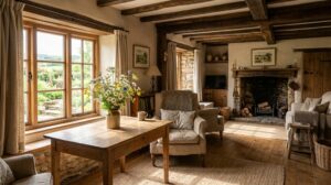 Interno accogliente di un agriturismo con travi in legno, arredi rustici e un vaso di fiori freschi su un tavolo. (Immagine generata con IA)