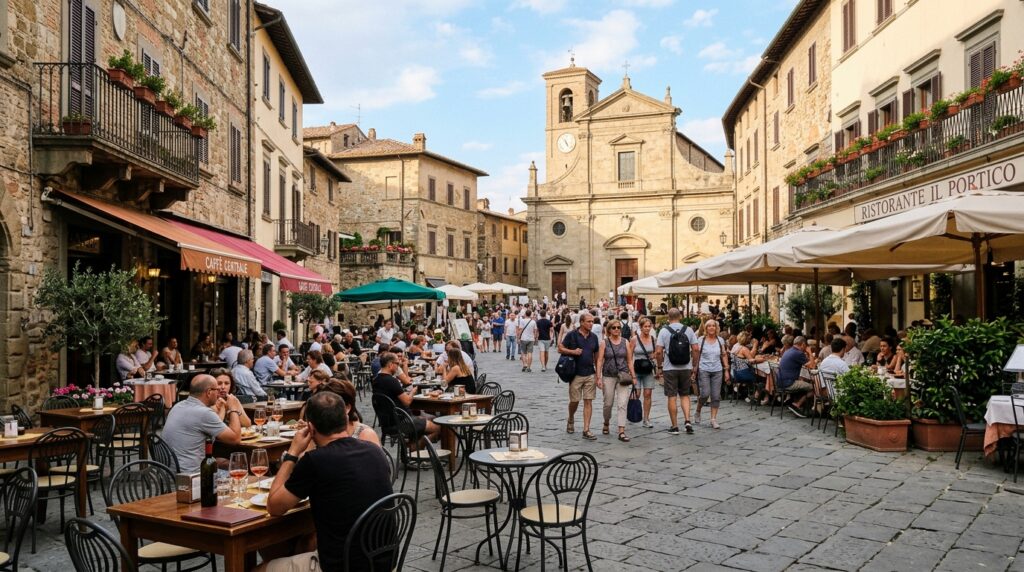 Piazza storica italiana animata, simbolo del turismo locale e della tassazione.
