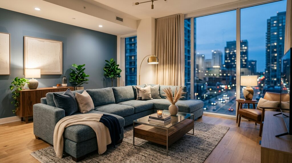 Interno di un moderno soggiorno di una casa vacanze con divano, tavolino e vista sfocata sulla città. (Immagine generata con IA)