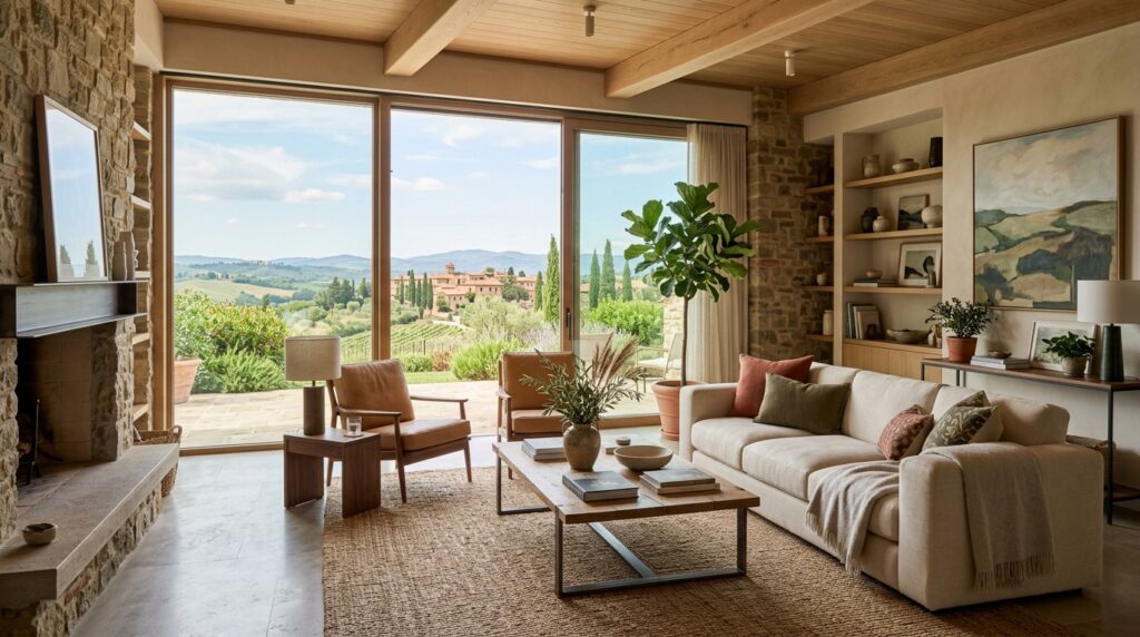 Interni eleganti di una casa vacanze moderna in Puglia, con mobili di design e luce naturale.