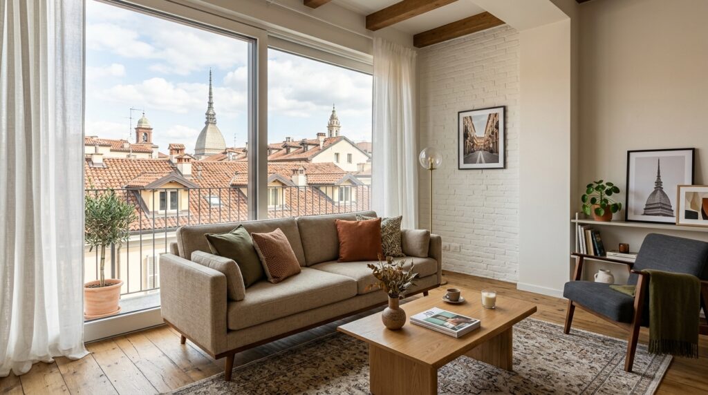Interno luminoso di un appartamento per affitti brevi a Torino, con arredi moderni e vista sui tetti storici della città. (Immagine generata con IA)