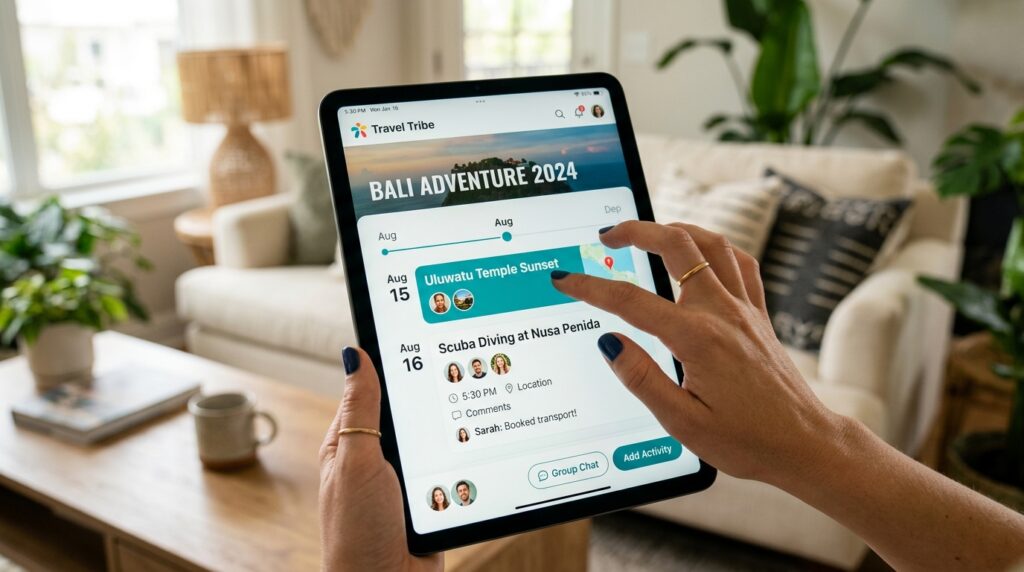 Schermata di un'app di viaggio con funzionalità social, visualizzata su un tablet in un ambiente domestico moderno.